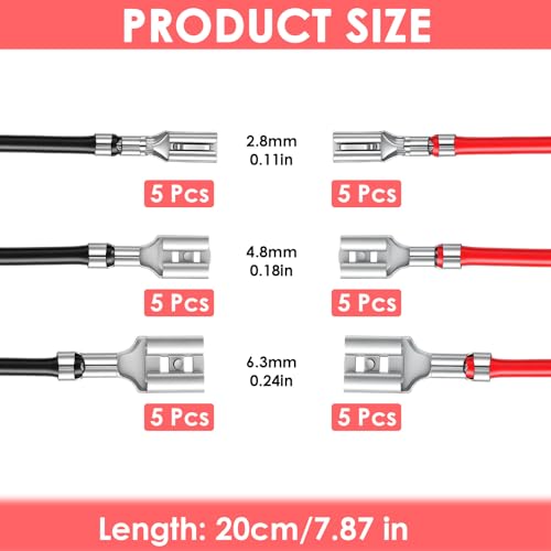 Jeffdad 30Pcs 6.3mm Female Spade Crimp Terminal with Insulating Sleeve Wire | 2.8mm 4.8mm Female Spade Quick Splice Connector Assortment Kit Red+Black Spades Connectors with 20cm Wires
