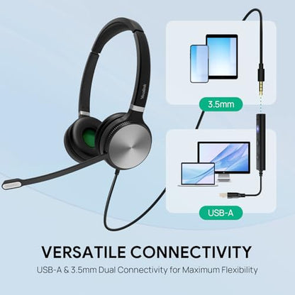 Yealink UH36 USB Headset with Mic 3.5mm Wired Headphones for PC Computer | Mono USB-A Headset with Noise Cancelling Microphone 3.5mm Jack Work Headphones for Office Call Center PC Laptop UC Compatible