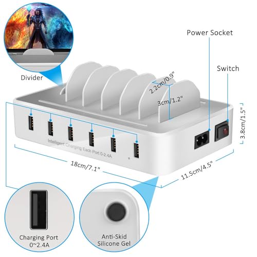 여러 장치용 충전 스테이션, 50W 6 USB 포트 패밀리 충전기, 애플 아이폰 아이패드 및 안드로이드 폰 및 태블릿과 호환 - color: USB 포트 6개 및 화이트
