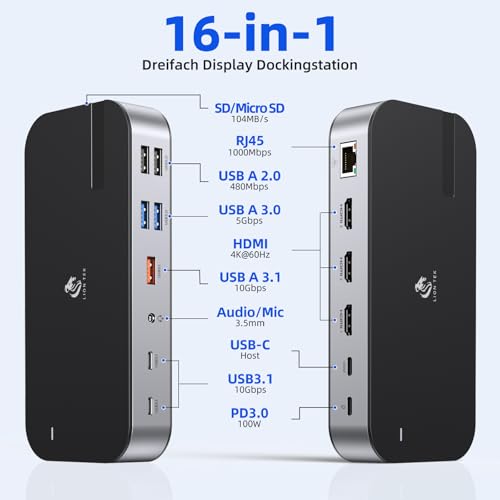LIONWEI Laptop Docking Station,16 in 1 USB C Docking Station Triple Monitor | USB C Dock Station with 3HDMI,PD, 7USB,RJ 45 Ethernet,Card Reader,Audio for Dell/HP/Lenovo（Include Power Adapter)