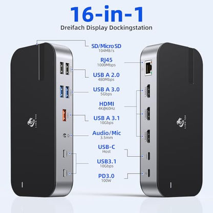 LIONWEI Laptop Docking Station,16 in 1 USB C Docking Station Triple Monitor | USB C Dock Station with 3HDMI,PD, 7USB,RJ 45 Ethernet,Card Reader,Audio for Dell/HP/Lenovo（Include Power Adapter)