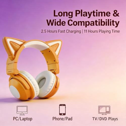 Cat Ear Headphones for Kids & Adults, LED Gaming Headset | Headphones Wired & Bluetooth Mode with Built-in Mic,Compatible with Phone/Laptop/PC/Tablet,Foldable Cute Headphones,Khaki - color: Khaki