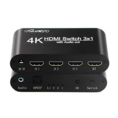 3x1 HDMI Audio Switch,3 in 1 Out Matrix HDMI Video Switcher Splitter +Optical & 3.5mm Audio Output,Support Ultra HD 4K x 2K,3D 1080P,Audio Extractor with Power Adapter