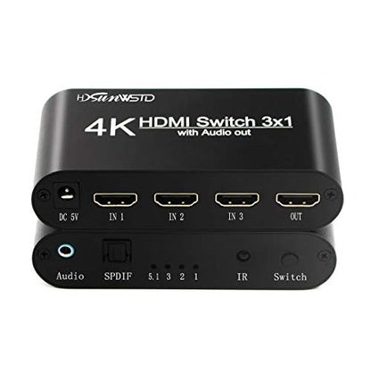 3x1 HDMI Audio Switch,3 in 1 Out Matrix HDMI Video Switcher Splitter +Optical & 3.5mm Audio Output,Support Ultra HD 4K x 2K,3D 1080P,Audio Extractor with Power Adapter