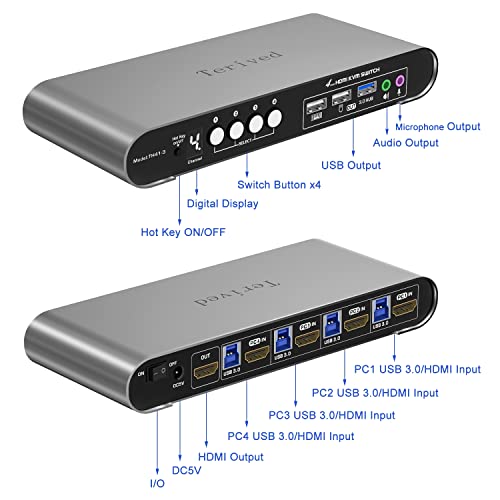 HDMI KVM Switch 4 in 1 Out with Hotkey Mouse Switching, Audio Mic Support, 4K@60Hz, USB 3.0 Hub, Digital Display, Terived Aluminum KVM with Cables Included - style: 4 Computers 1 HDMI Monitor USB 3.0