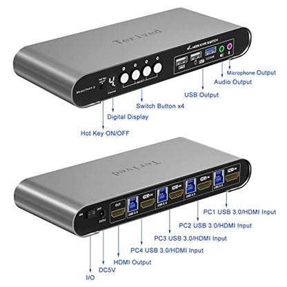 HDMI KVM Switch 4 in 1 Out with Hotkey Mouse Switching, Audio Mic Support, 4K@60Hz, USB 3.0 Hub, Digital Display, Terived Aluminum KVM with Cables Included - style: 4 Computers 1 HDMI Monitor USB 3.0