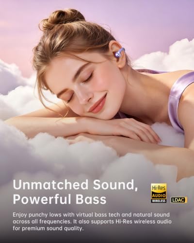 Open Ear Clip On Earbuds,Clip Headphones with Crystal Clear Sound | Ultra-Comfort for Driving Running Workout, Powerful Bass, 50H Playtime, Secure Fit, Hi-Res, IPX5, Bluetooth 6.0, Lavender - color: Lavender