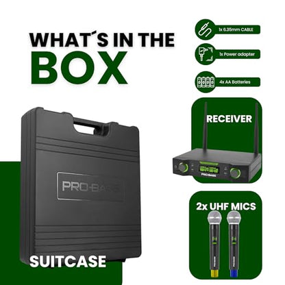 Pro Bass UF‑224 Dual UHF Wireless Microphone System – 24-Channel, Auto Sync, Clutter Suppression, XLR 1/4” Outputs – 8h Battery – Hard Carry Case – Ideal for Church, Events, Karaoke, Weddings