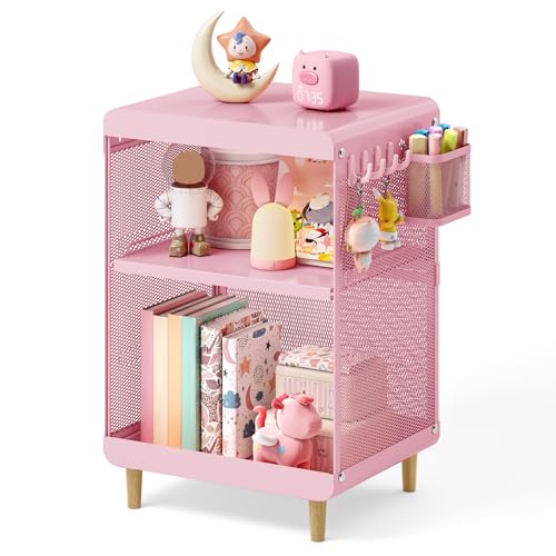 SYKIARIOL Kids Nightstand for Girls, 3-Tier Storage Shelf, Pink | Metal Bedside Table with 4 Hooks & Hanging Basket, Toddler Night Stand for Bedroom - color: Classic Pink