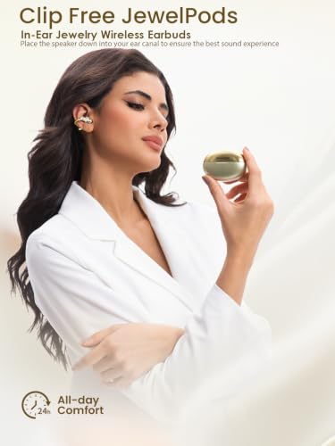 JewelPods C3 Wireless Bluetooth Earbuds, Jeweled Open-Ear Headphones, Gold | Ultra-Light Memory Wire Clip-On Earrings for All-Day Comfort, 60H Playtime, Sweat & Water Resistant, Premium Sound - color: Gold