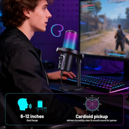 CMTECK USB 마이크, 스튜디오 품질, PC/노트북용 맞춤형 RGB 조명 | LED로 빠른 음소거, 플러그 앤 플레이, 노이즈 캔슬링. 3.5mm 제로 레이턴시 잭 및 게인. 팟캐스트, 스트리밍용 - color: 블랙.