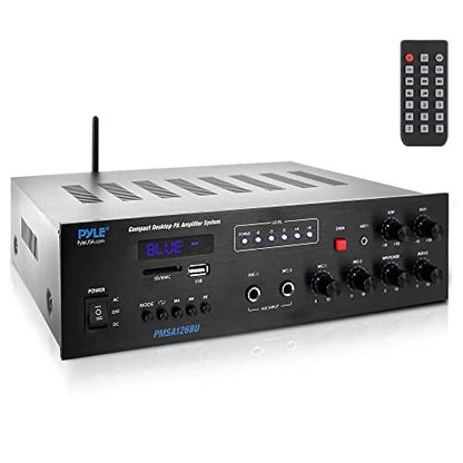 Pyle Public Address Amplifier - 500W Compact Digital Receiver w/ 70V 100V Output, Dual Mic Input, USB-A Input w/ MP3 Player, FM Radio, RCA | Home, Continuous Volume and Commercial | PMSA126BU - style: Wireless Amplifier