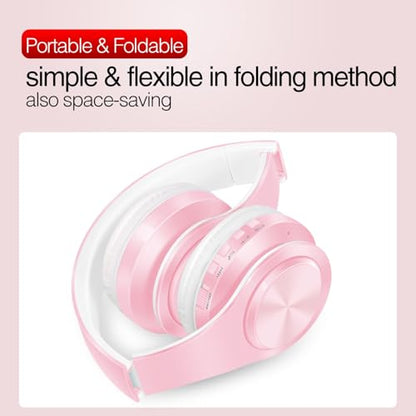 RAT TAIL V5.3 Bluetooth Headphones Over-Ear, Foldable Wireless and Wired Stereo Headset Micro SD/TF, FM for Cell Phone,PC,Soft Earmuffs &Light Weight for Prolonged Wearing (Pink) - color: Pink