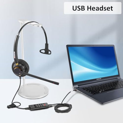 Arama USB Headset with Microphone for PC, Noise Cancelling & Audio Controls Ultra Comfort USB Headphone for Computer Laptop Pc Business Skype UC Webinar Call Center Office - color: Monaural-USB A