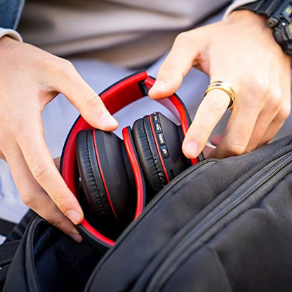 PowerLocus Wireless Bluetooth Over-Ear Stereo Foldable Headphones, Wired Headsets Rechargeable with Built-in Microphone for iPhone, Samsung, LG, iPad (Black/Red) - color: Black/Red
