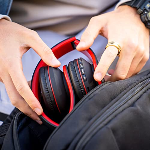 PowerLocus Wireless Bluetooth Over-Ear Stereo Foldable Headphones, Wired Headsets Rechargeable with Built-in Microphone for iPhone, Samsung, LG, iPad (Black/Red) - color: Black/Red