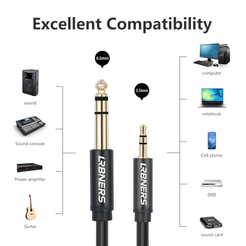 6.6FT 3.5mm Male to 6.35mm Male TRS Stereo Audio Cable, Black Spray-Paint Shell, 1/4 Inch to 1/8 Inch Jack Converter Braided Cable for Headphones, Instruments, Speakers 2-Pack - color: 6.6FT - 2Pack