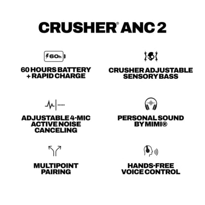 Skullcandy Crusher ANC 2 Noise Cancelling Wireless Headphones - Plasma | Multi-Sensory Crusher Bass, Over-Ear Fit, Bluetooth, 60 Hours Battery, Working Out, Gym, Travel, Studying, Music, Gaming - color: Plasma