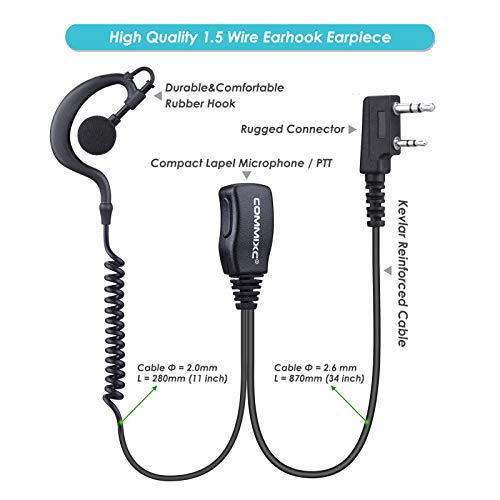 2-Pack Walkie Talkie Earpiece w Mic 2-Pin Compatible with Kenwood Bao Feng | G Shape Walkie Talkie Headset with PTT, Two Way radio Earpiece 3.5mm/2.5mm