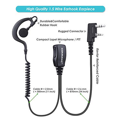 2-Pack Walkie Talkie Earpiece w Mic 2-Pin Compatible with Kenwood Bao Feng | G Shape Walkie Talkie Headset with PTT, Two Way radio Earpiece 3.5mm/2.5mm