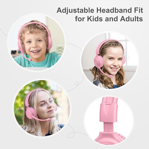 SIMOLIO Wired Headphones for School with Microphone, Stereo Kids Headphone with Flexible Swivel Boom Mic for Student K12 & Teacher & E-Learning, 3 Levels Volume Limiter Gaming Headsets for Boys, Girls - color: Pink & Blue