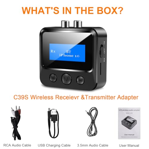 Bluetooth Transmitter Receiver for TV, with RCA 3.5mm AUX & Display Audio Adapter for Home Stereo, Bluetooth Transmitter for Headphones/Speakers/Airplane/Home Theater/PC/Car, TF Card Output