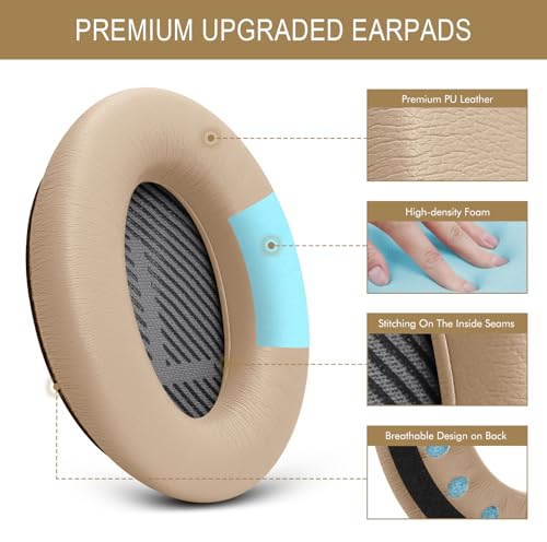 GEVO Premium Replacement Ear Pads for Bose QC35 & QC35ii Headphones - Beige | Fits QuietComfort 35 & 35ii / SoundLink 1&2 AE（Over-Ear）- Soft Protein Leather · Adaptive Memory Foam and Extra Durable - color: Beige