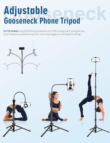 Phone Tripod, 85" Tripod for Cell Phone iPhone with Gooseneck | Aluminum Tripod Stand for Video Recording Photo Vlog, Travel Cellphone Tripod with Remote Compatible with iPhone Android - size: 85 Inch