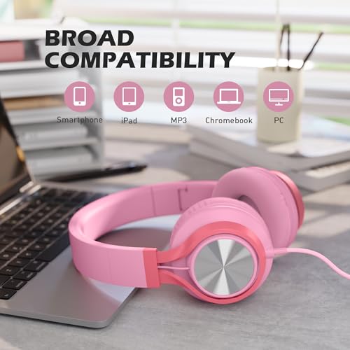 아동용 유선 헤드폰, 마이크 포함, 여학생, 3.5mm 잭, 핑크 | 온 이어 헤드셋 및 볼륨 컨트롤 접이식 유선 컴퓨터 크롬북 어린이 청소년 교실 온라인 학습 여행용 - color: 핑크, size: 미디엄