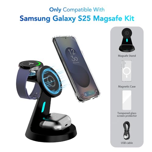 for Samsung Galaxy S25 Dedicated Magnetic Charging Kit，3 in 1 Charging Station Compatible with MagSafe Samsung Charger for Watch Charger Stand for Galaxy Watch Ultra 8 7, for Buds