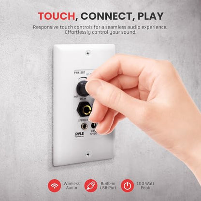 Pyle Wireless BT Receiver Wall Mount - 100W In-Wall Audio Control Receiver w/ Built-in Amplifier, USB/Microphone/Aux (3.5mm) Inputs, Speaker Terminal Block, Connect 2 Speakers, White - PWA15BT