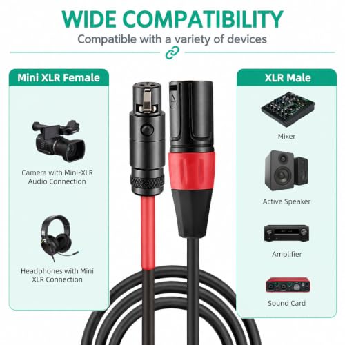 Mini XLR Female to Regular XLR Male Pro Lapel Microphone Cable, 1FT - size: 1 feet