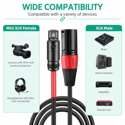 Mini XLR Female to Regular XLR Male Pro Lapel Microphone Cable, 1FT - size: 1 feet