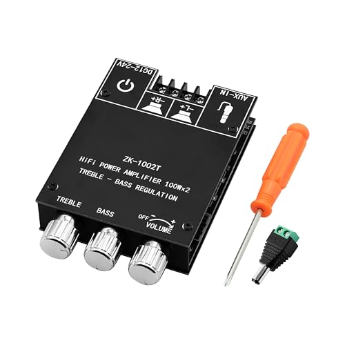 ZK-1002T 100W+100W Bluetooth Amplifier Board with Treble and Bass Control, 2.0 Channel Stereo Audio Mini Power Amplifier Board, TPA3116D2 Chip DC 9-24V, BT and AUX Inputs for DIY Wireless Speakers - size: Small