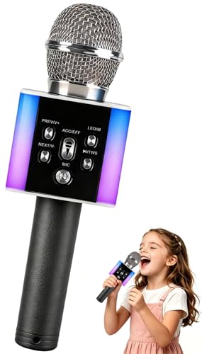 Wireless Bluetooth Karaoke Microphone for Kids & Adults, Singing Mic with Disco Lights, Voice Changer, Built-in Speaker, Portable Karaoke Player for Party & Travel Gifts(Silver) - color: Silver