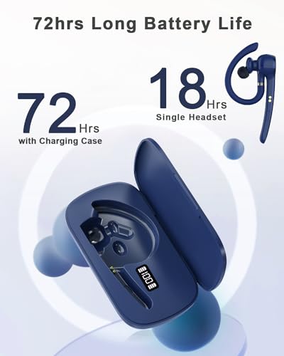 HEIBAS Bluetooth Headset, Wireless Bluetooth Earpiece with 500mAh Charging Case 72 Hours Talking Time Built-in Microphone for iOS Android Cell Phone, Hand-Free Headphones for Trucker, Office(Blue)