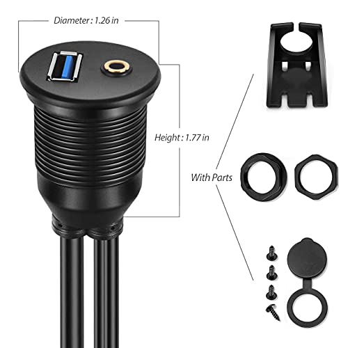 USB 3.0 and 2 RCA Male to 3.5mm Female AUX Flush Mount Cable, 3 ft | USB 3.0 Male to Female, 2 RCA Male to 3.5mm Female AUX, Dashboard Panel Mount, Extension Cable