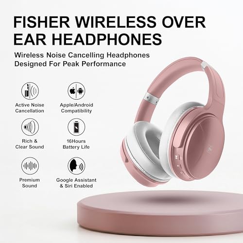 Fisher Pro Active Noise Cancelling Headphones,Over-Ear Headphones Wireless | Bluetooth 5.3, Microphone, Lightweight Comfortable Headset for Home, Travel, Rechargeable Workout Headphones, Deep Base - color: Rose Gold