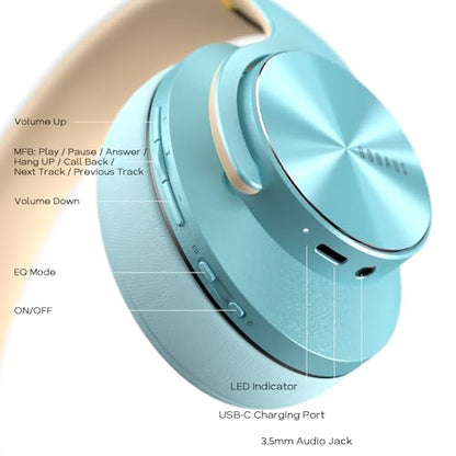 DOQAUS Bluetooth Headphones Over Ear, 90H Playtime, 3EQ Mode, with ENC Mic - color: Blue