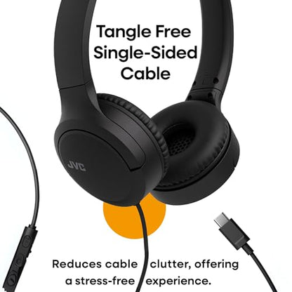 JVC USB-C Wired On-Ear Headphones with Mic – Comfortable All-Day Wear, Clear Calls, Rich Sound – Foldable & Lightweight – Tangle-Free Single-Sided Cable – Great for Gaming & Work from Home - color: Black