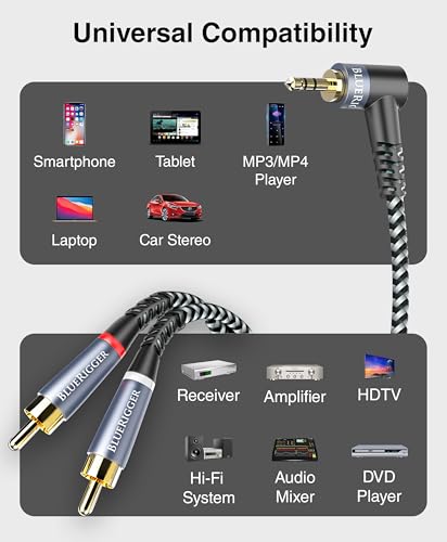 BlueRigger 3.5mm Aux to 2RCA Audio Cable (15FT, 90D Stereo Splitter Y 2RCA Male, Braided, 1/8" RightAngled TRS to RCA, Hi-Fi Sound, Metal Shell) - for Phones, Amplifiers, Tablets, Home Theater, HDTV - size: 15FT, style: 3.5mm Angled