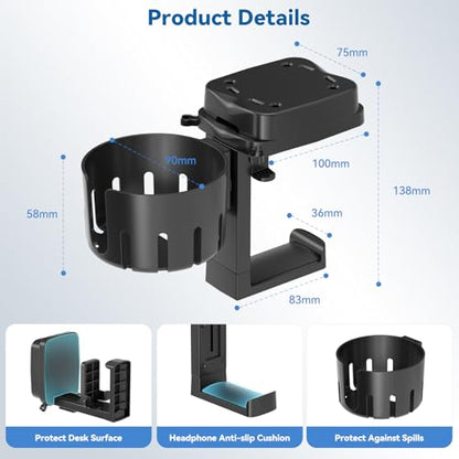KDD 3 in 1 Headphone Hanger with Cup Holder - Rotatable Headset Hook & Desk Cord Organizer - Suitable for Coffee Mups, Water Cups, Headphone, Charging Cables, Home & Office