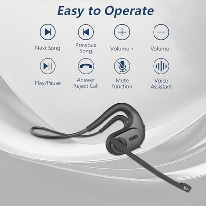 Bluetooth Headset, Open Ear Headphones with Removable Microphone | Noise Cancelling Wireless Headset for Phones Laptop Computer, 12 Hours PC Headsets for Office Meeting Working Driving Running