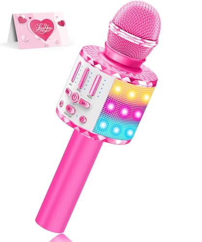 Karaoke Microphone Toys for Kids, Wireless Bluetooth Mic with Lights & Speaker, Portable Home KTV Player System, Perfect Birthday Party for 3-12 Year Old Boys & Girls - color: Pink