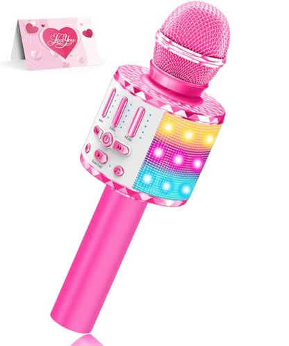 Karaoke Microphone Toys for Kids, Wireless Bluetooth Mic with Lights & Speaker, Portable Home KTV Player System, Perfect Birthday Party for 3-12 Year Old Boys & Girls - color: Pink