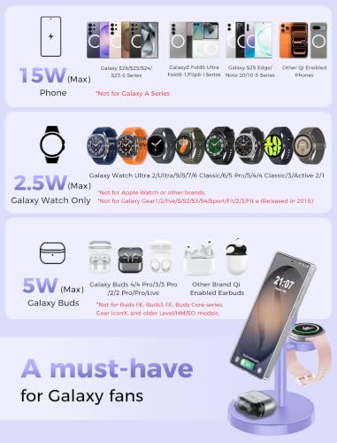 Magnetic Wireless Charger for Samsung, 3 in 1 Super Fast Charging Station Compatible with MagSafe, Phone Charger Stand for Samsung Galaxy S26 Ultra S25 Z Fold/Flip 8, Watch Ultra 8 7 6, Buds 4/3 Pro - color: Purple