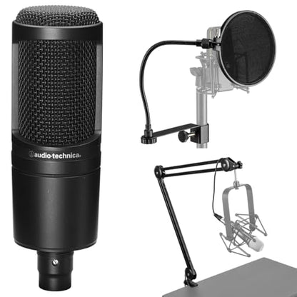 Audio-Technica AT2020 Cardioid Condenser Studio Microphone with XLR Cable Studio Boom Arm Stand and Pop Filter