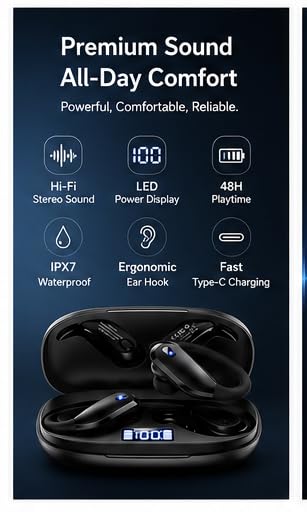 Wireless Earbuds Bluetooth Headphones with Earhooks, IPX7 Waterproof, Hi-Fi Stereo, 48H Playtime, LED Power Display Charging Case, for Running, Workout, Gym