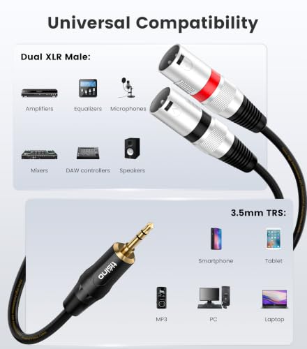tisino 3.5mm to Dual XLR Stereo Cable 1/8 inch Mini Jack to 2 XLR Male Y Splitter Adapter Cord- 10 FT - size: 10 feet