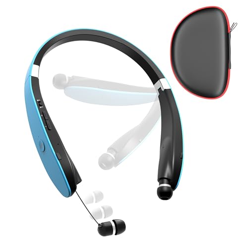 Bluetooth Neckband Headphones, Foldable Wireless Lightweight Neck Headset with Retractable Earbuds, Noise Cancelling Sweatproof Stereo Earphones with Mic & Carrying Case - color: Light Blue